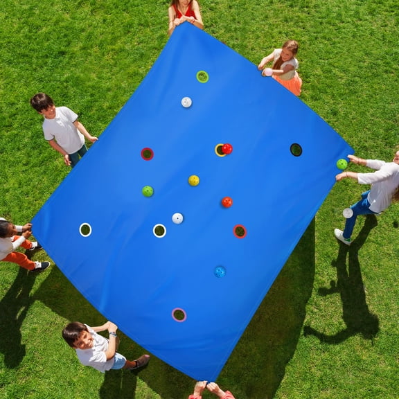 Blue Hole Tarp Team Building Game 98 x 70 Inch Learning Fun Team Building Games for Work with 8 Pcs Team Building Ball for Teamwork Group