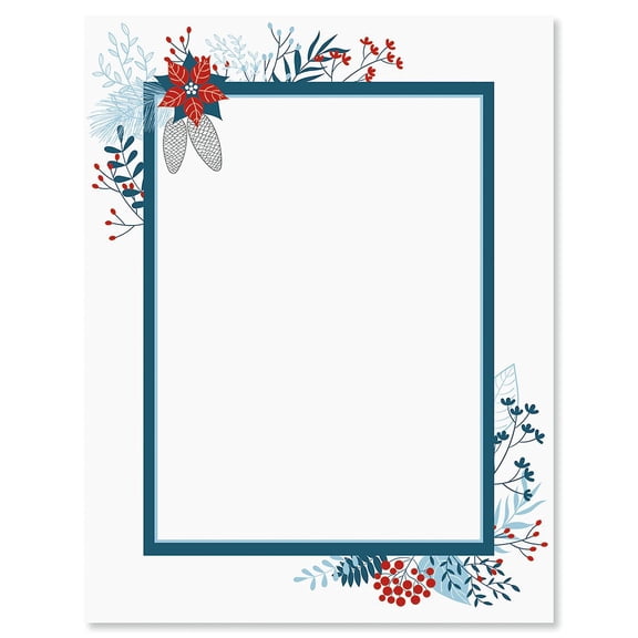 Blue Holiday Flourish Christmas Letter Papers - Set of 25 Christmas stationery papers are 8 1/2" x 11", compatible computer paper