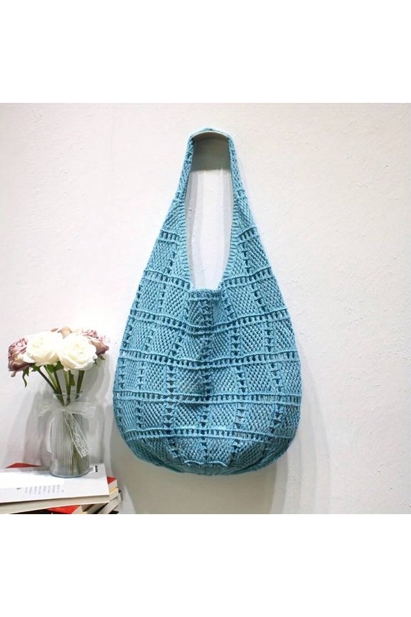 Blue Hollow Knit Shoulder Bag, Lightweight Crochet Tote For Casual Outdoors