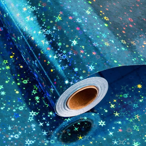 Blue Holographic Wrapping Paper Roll, Shining Blue Gradient Stars Foil Design Gift Wrap for Birthday, Wedding - Mini Roll 17 In X 32.8 Ft