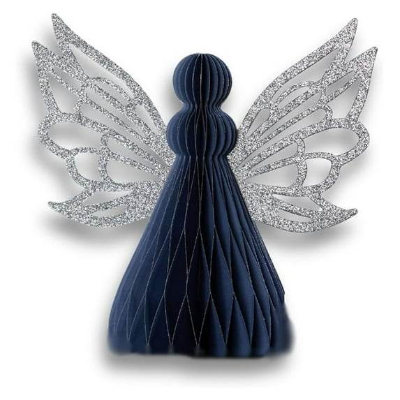 Blue Honeycomb Angel Décor - Vintage Paper Angel Christmas Ornament, 7 Inch Festive Winter Holiday Mantelpiece Accent, Foldable Tabletop Decoration