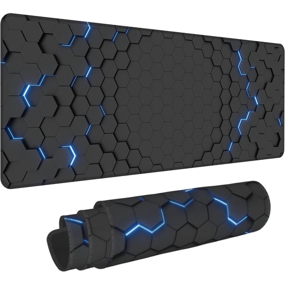 Blue Honeycomb Mouse Pad,XL 31.5"x11.8" Big Gaming Mousepad,Geometric Hexagon Large Extended Mouse Mat,Non-Slip Rubber Base Waterproof with Stitched Edges for Gaming Office Home