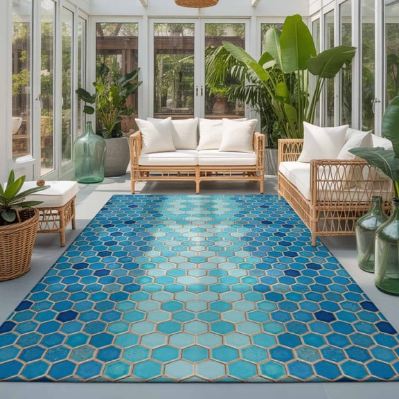 Blue Honeycomb Plaid 5'x8' Large Area Rugs Modern Abstract Geometric Classic Checkered Washable Area Rugs Non-Slip Indoor Floor Mats Large Carpet for Living Room Bedroom Dining Room