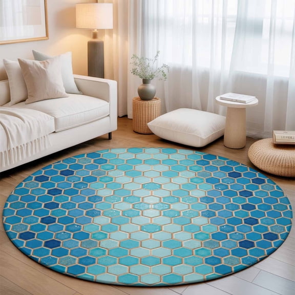 Blue Honeycomb Plaid 8' Round Rugs for Open Concept Living Room Seating Zone, Modern Abstract Geometric Classic Checkered Washable Non Slip Mats Large Circle Lounge Area Area Rug