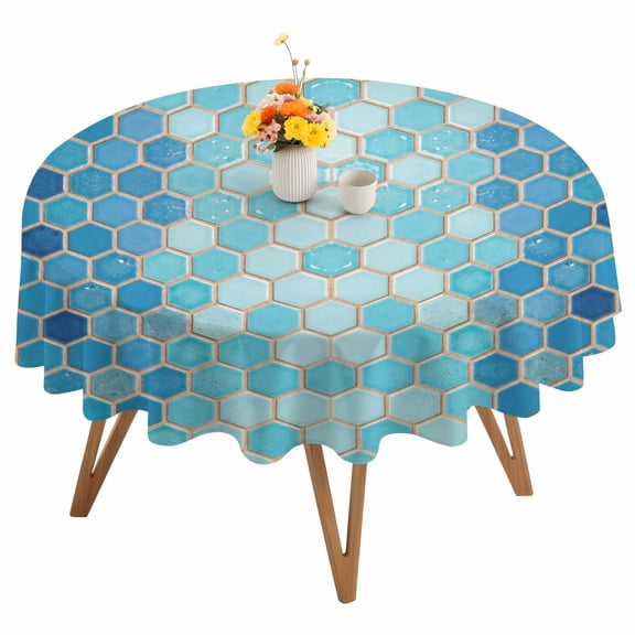 Blue Honeycomb Plaid Round Tablecloth 60 inches Modern Abstract Geometric Classic Checkered Waterproof Oil-Proof Table Cloth Round Table Cover for Holiday Party Picnic Dinner Decor Indoor Outdoor Use