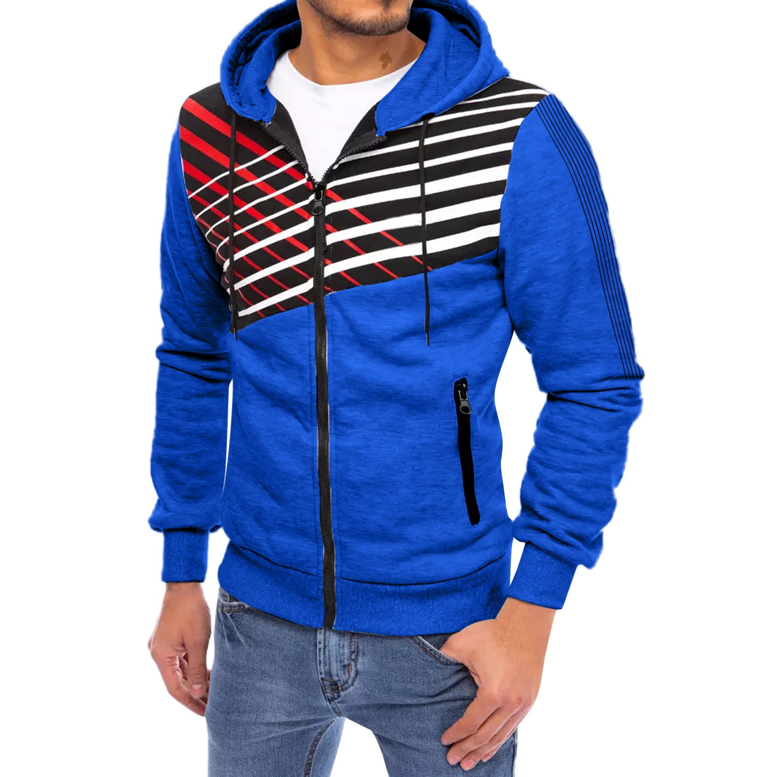 Blue Hoodies For Men Men S Stitching Striped Sports Zipper Sweatshirt Hooded Sweater Jacket