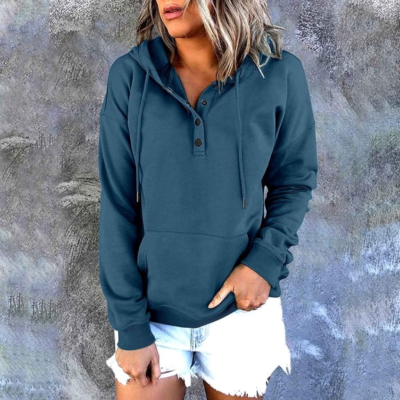Blue Hoodies for Women Long Casual Down for Womens Pocket Hooded Sweatshirts Pullover Sleeve Button V Drawstring Hoodies Neck Women's Hoodies & Sweatshirts Fall Tops for Women 2025