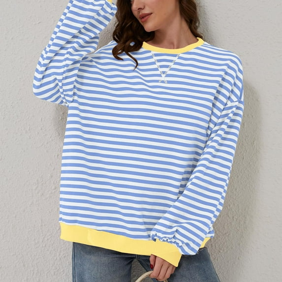 Blue Hoodies for Women Oversized Striped Color Block Long Sleeve Crew Neck Sweatshirt Casual Loose Pullover Shirt Top Fall Tops for Women 2025