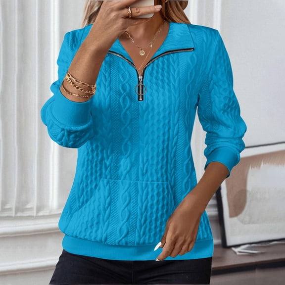 Blue Hoodies for Women's Fashionable and Casual Solid Color Lapel Zipper Sweatshirt Women Fall Clothes