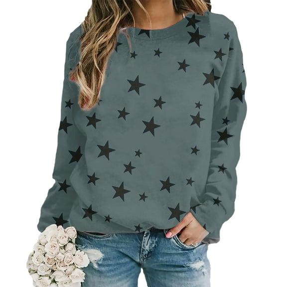 Blue Hoodies for Women's Star Print Hatless Sweatshirt Long Sleeve Fashion Top Sweatshirt Loose Pullover Top Fall Tops for Women 2025