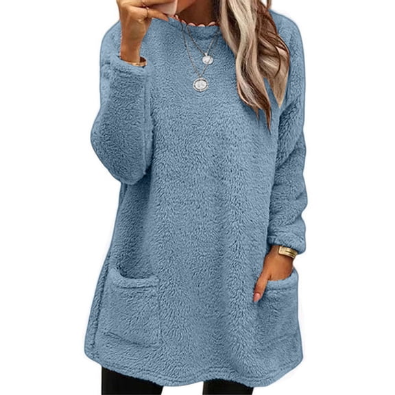 Blue Hoodies for Womens Winter Coat Loose Wool Jacket Long Sleeved Jumper with Pockets Fall Tops for Women 2025