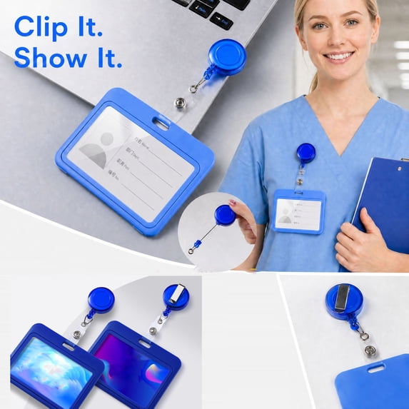 Blue Horizontal Id Badge Holder with Sliding Reel Clip Clear Name Card Slot for Office Employee Student School Event Staff Lightweight 4 Inch Work Id Carrier