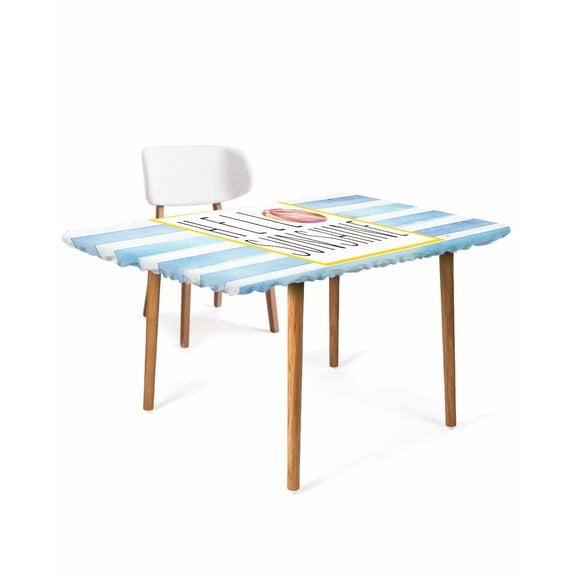 Blue Horizontal Striped Rectangle Tablecloth, Waterproof Elastic Fitted Table Covers for 4 Foot Tables, 24x50inch Decorative Tablecloths for Picnic, Camping, Outdoor, Summer Beach Ball Vintage