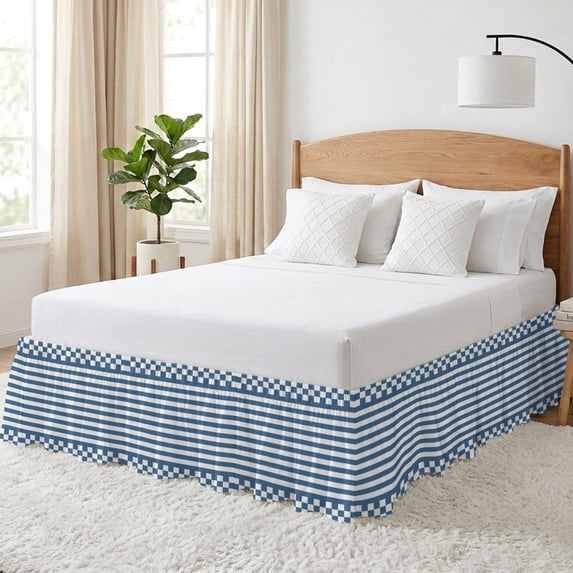 Chequerboard Border Blue Horizontal Stripes Bed Skirt Queen Size 18 Inch Drop, Minimalist ...