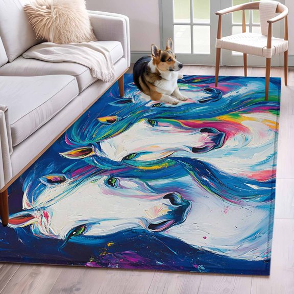 Blue Horse Area Rug 4x6 Washable Rug Non Slip Western Abstract Oil Painting Animals Large Area Rug Indoor Floor Carpet for Entryway Bedroom Kitchen Living Room Home Office Dining Room Nursery