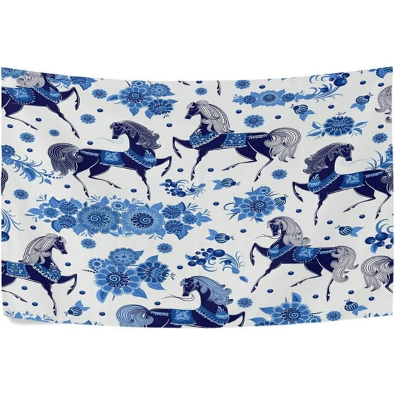 Blue Horse Floral Tapestry Wall Hanging Tapestries Happy Colorful Hippie Psychedelic Art Polyester Carpet Wall Decorative for Living Room Bedroom 60x51inch