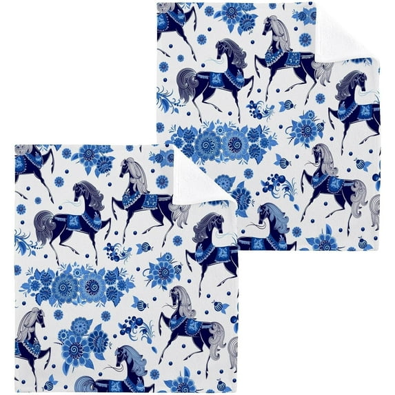 Blue Horse Floral Washcloth 12x12in Set, 6 Pack Absorbent Cotton Towel Square Kitchen Dishes Towels, Soft Cleaning Face Hand Towel Fast Drying Wash cloth