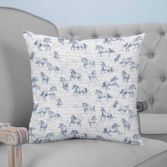 Blue Horse Throw Pillow Covers, Soft Pillowcases with Invisible Zipper, Watercolor Vintage Animals Decorative Square Pillow Cushion Covers for Living Room Couch Sofa Bed 16x16 Inches