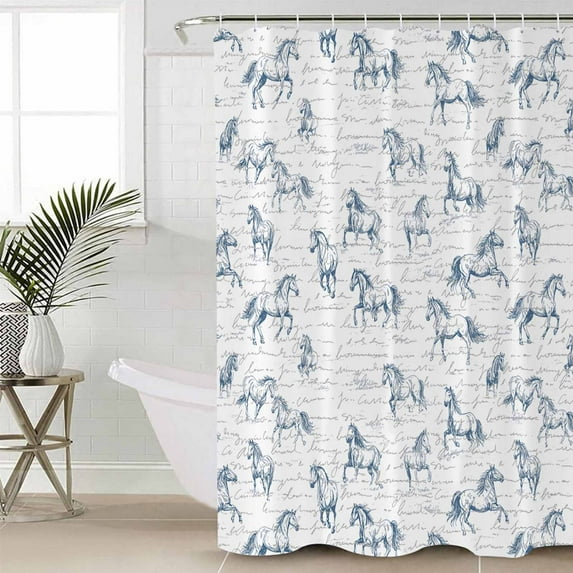 Blue Horse Waterproof Fabric Shower Curtain, Watercolor Vintage Animals Shower Curtain for Bathroom Curtains Bathtubs Hotel Washable Shower Curtains with 12 Hooks Stall 48x72in