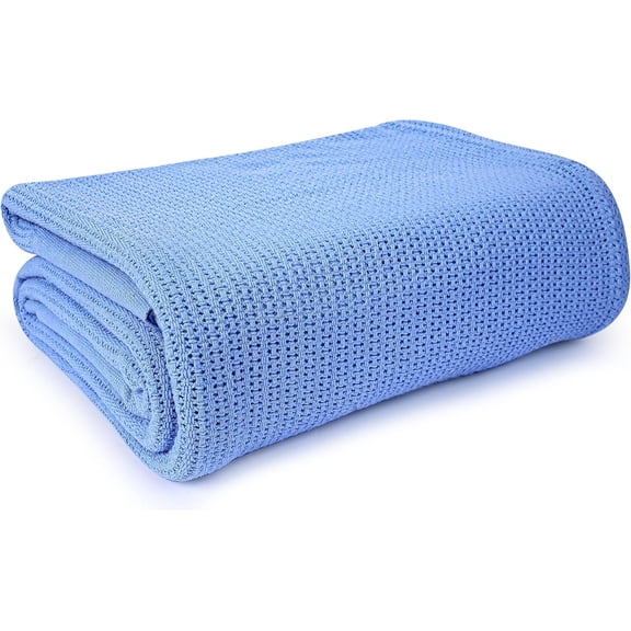 Blue Hospital Thermal Blanket 66x90 Inch 100% Cotton, Soft and Cozy, Breathable, Open-Cell Weave Design, All Season Twin Hospital Blanket (1-Pack)