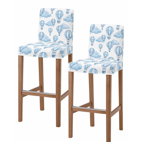 Blue Hot Air Balloon Bar Stool Covers Set of 2, Modern Balloon Float Clouds Stretch Washable Bar Chair Covers with Backs, Removable Pub Counter Height Chair Cover for Kitchen Dining Room Cafe