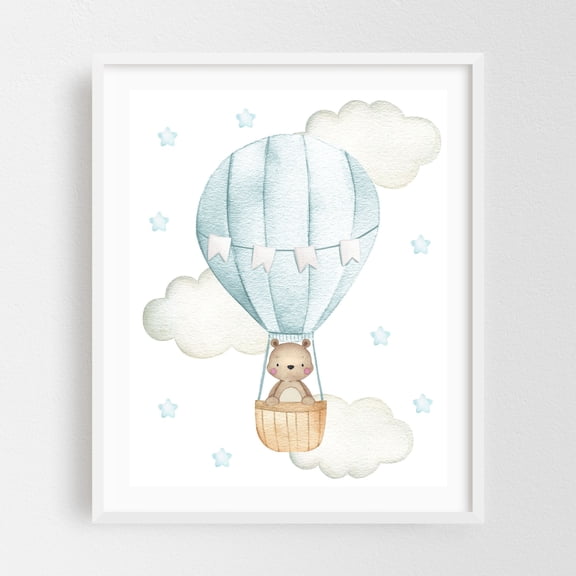 Blue Hot Air Balloon, Bear, Forest Animals, Woodland Animals, Boy Nursery - Illustration Hot Air Balloon Watercolor Whimsical Animal Stars White Framed Wall Art Print 8 x 10 inches