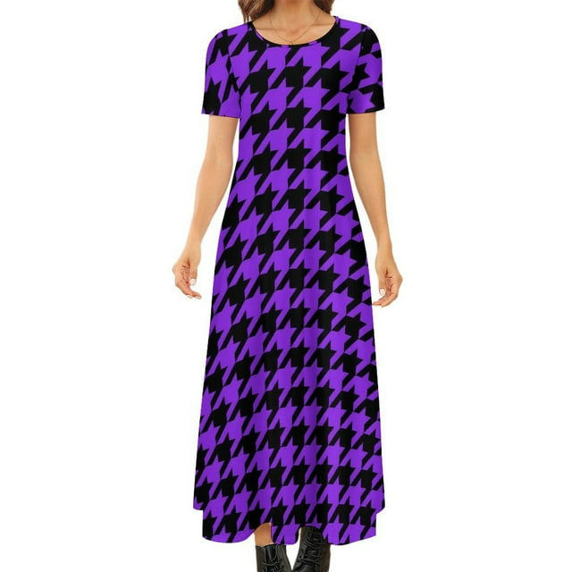 Blue Houndstooth Dress Vintage Print Streetwear Bohemia Long Dresses