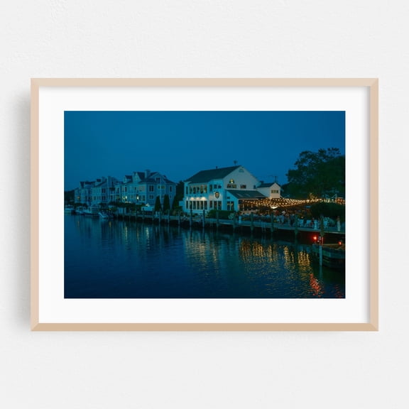 Blue Hour in Mystic 01 - Stonington Connecticut Photography Harbor Nightlife Water Seaside Architecture Coastal Boardwalk Oak Framed Wall Art Print 5 x 7 inches