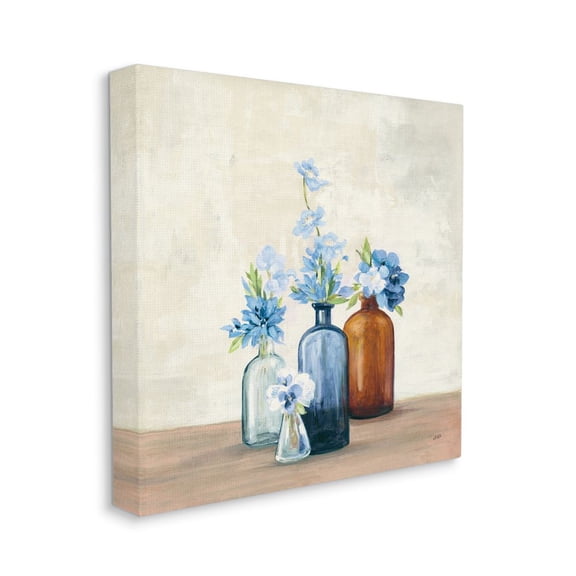 Blue House Flowers in Jars Country Painting Botanical & Floral Gallery-Wrapped Canvas Print Wall Art, 17x17