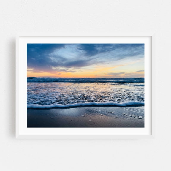 Blue Hue Sunset I - Manhattan Beach California Photography Sunset Beach Ocean Coast Seascape Waves Nature White Framed Wall Art Print 12 x 16 inches