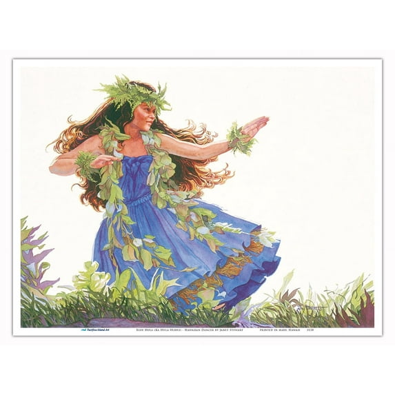 Blue Hula (Ka Hula Uliuli) - Hawaiian Dancer - From an Original Watercolor Painting by Janet Stewart - Master Art Print (Unframed) 9in x 12in