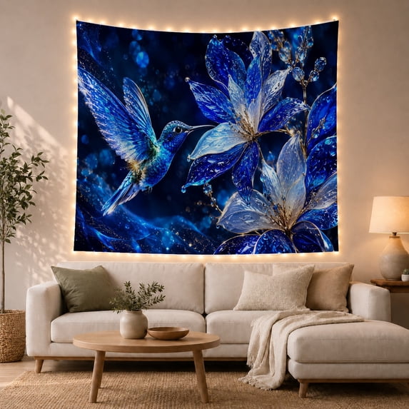 Blue Hummingbird Beside Moonlit Flowers, Dreamy Fantasy Style for Bird Lovers, Floral Wall Art, Mother's Day Gift, Tapestry Wall Hanging for Bedroom and Living Room
