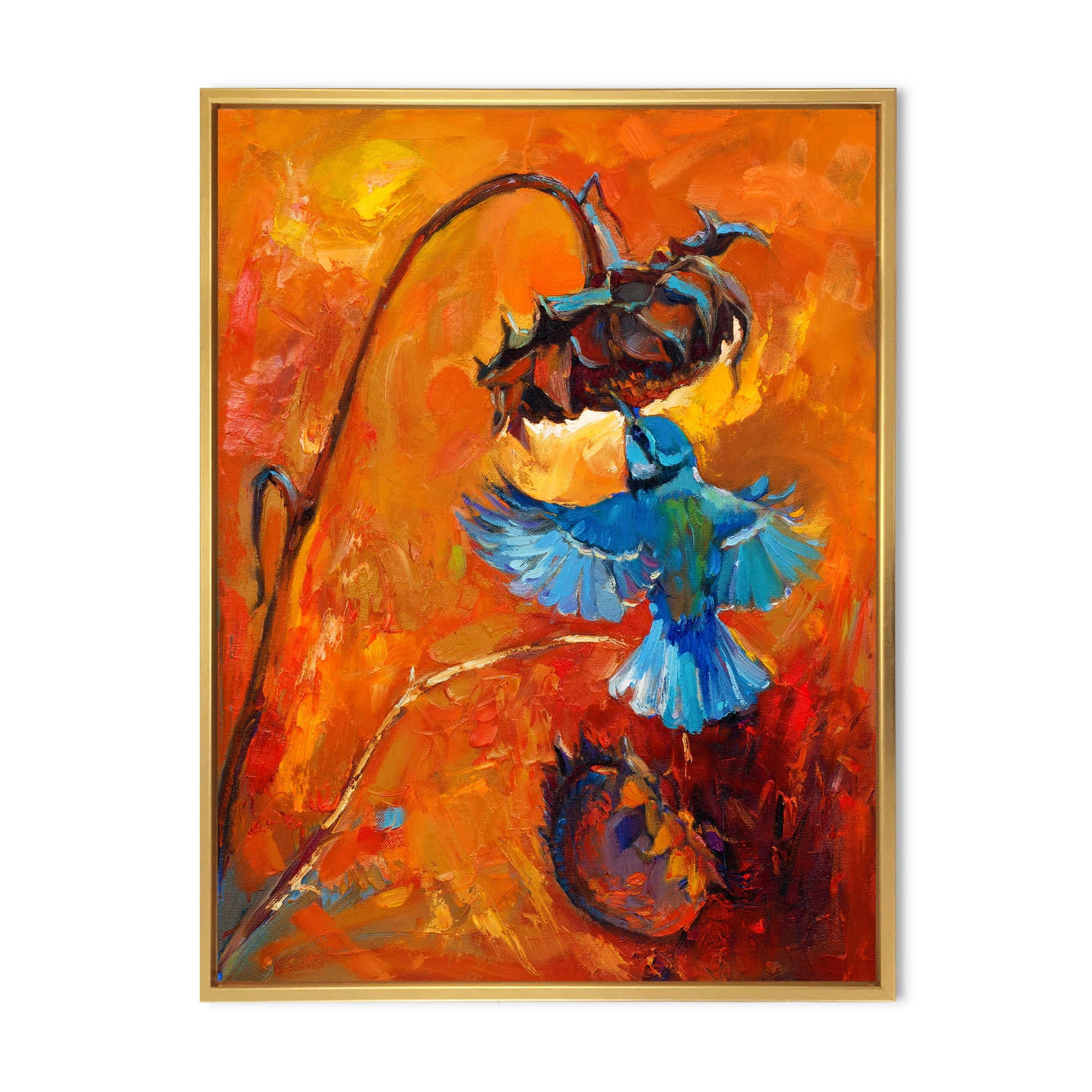 Blue Hummingbird On Orange Sunflower 16 in x 32 in Framed Painting Canvas Art Print, by Designart