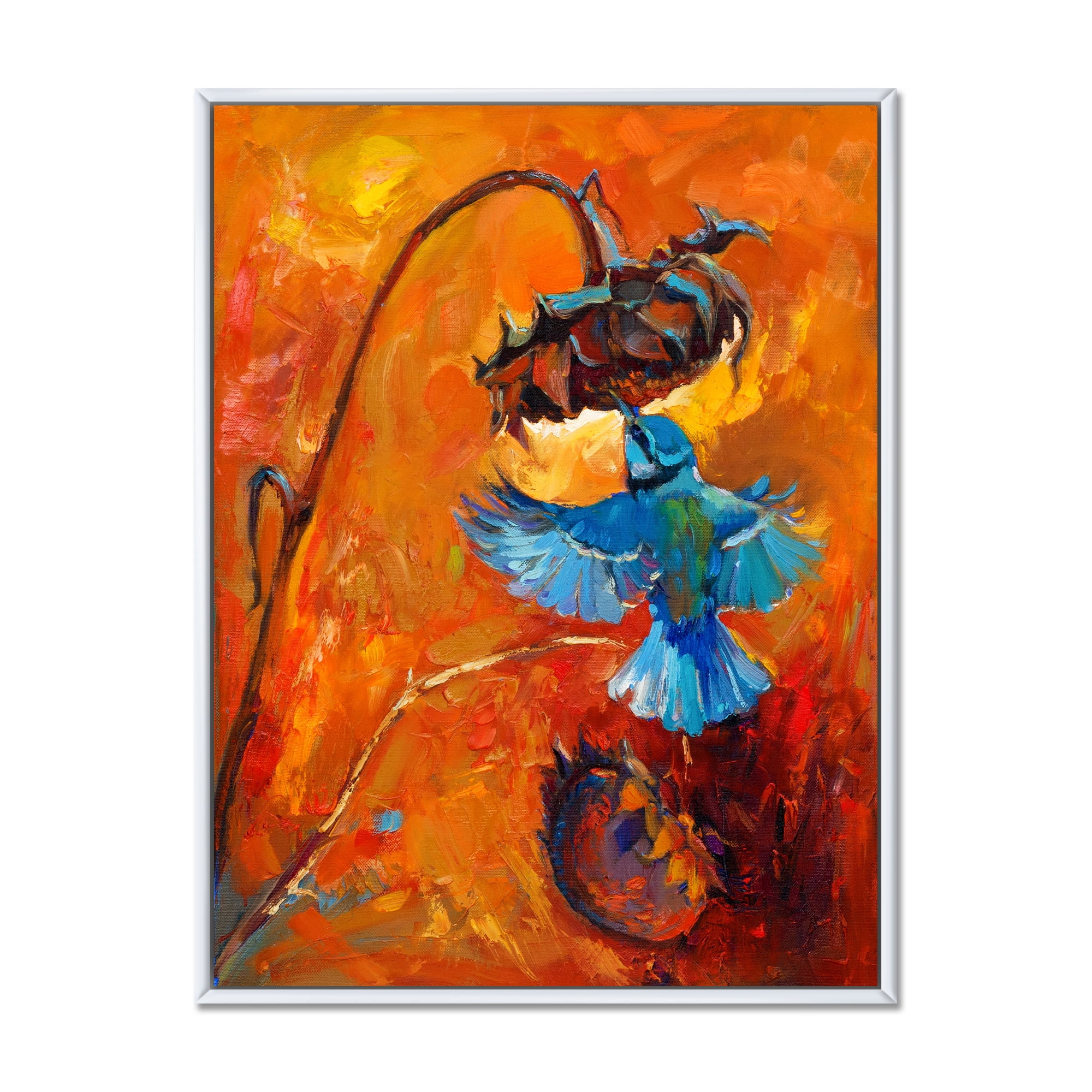 Blue Hummingbird On Orange Sunflower 30 in x 40 in Framed Painting Canvas Art Print, by Designart