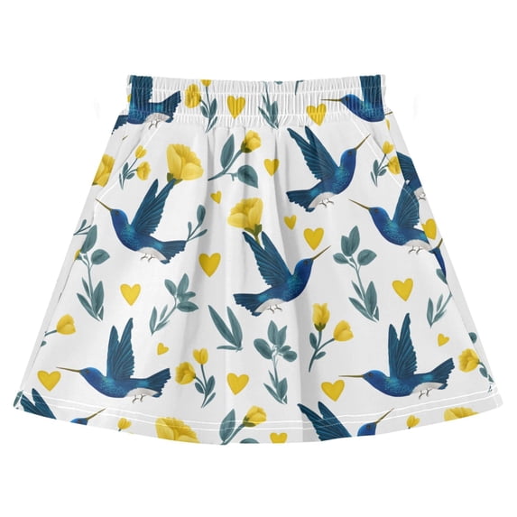 Blue Hummingbirds and Yellow Hearts Pattern Cotton Skirt Built-in Liner ...