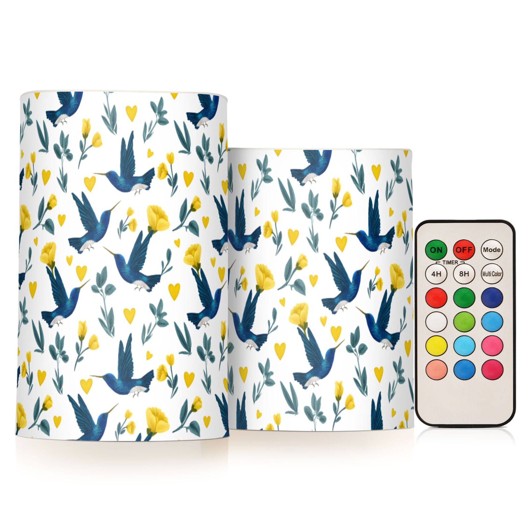 Blue Hummingbirds and Yellow Hearts Pattern Flameless LED Candle Set with Remote, Battery Operated Color Changing Pillar Candles, Set of 2