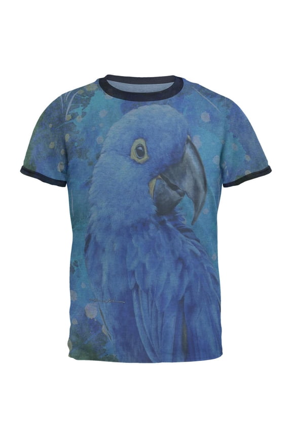 Blue Hyacinth Macaw Splatter Mens Ringer T Shirt Heather Blue-Navy SM