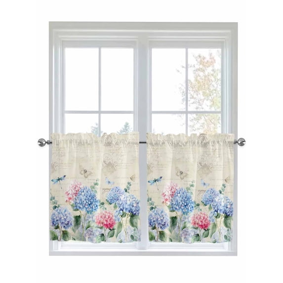 Blue Hydrangea 2 Panel Kitchen Curtains for Small Windows, Pink Flowers Spring Botanical Country Plants Bathroom Tier Curtain, Short Window Treatment for Bedroom/Living Room 55"x24"