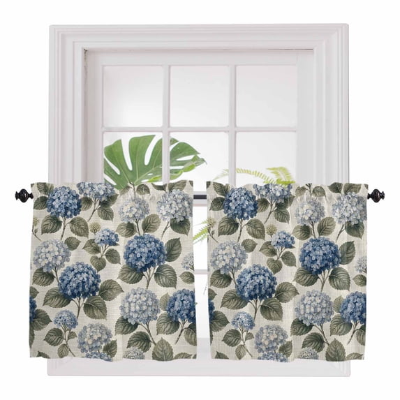 Blue Hydrangea 2 Panel Kitchen Curtains for Small Windows, Retro Botanical Floral Farmhouse Bathroom Tier Curtain, Short Window Treatment for Bedroom/Living Room 55"x24"