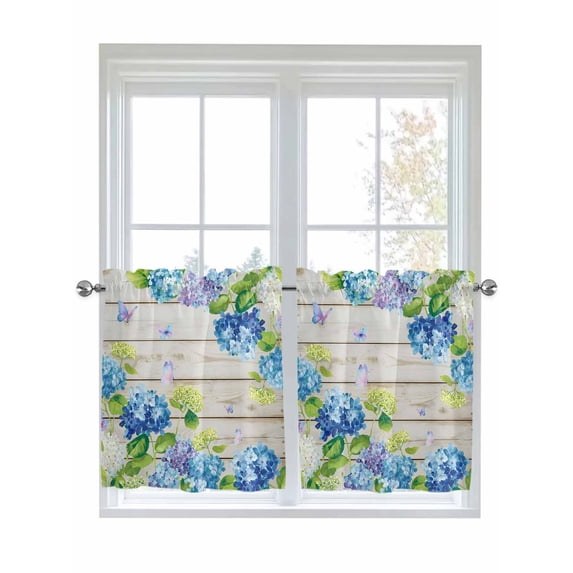 Blue Hydrangea 2 Panel Kitchen Curtains for Small Windows, Rustic Wooden Butterfly Spring Floral Bathroom Tier Curtain, Short Window Treatment for Bedroom/Living Room 55"x24"