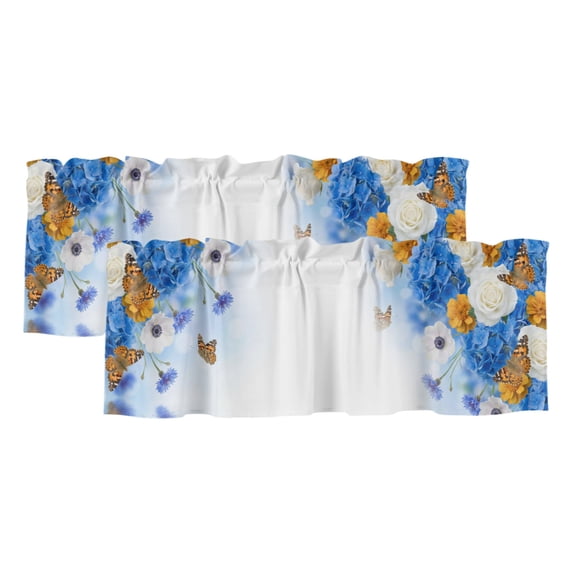 Blue Hydrangea 2 Panels Kitchen Valance, White Orange Flowers ...