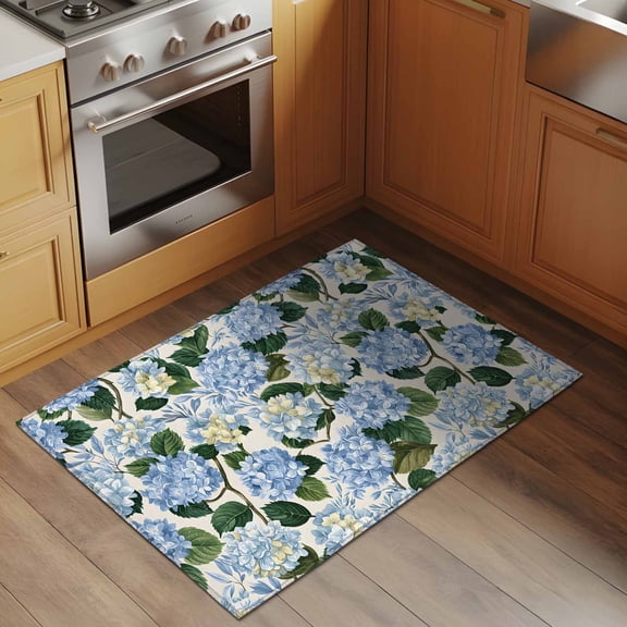 Blue Hydrangea 2x3 Rug for Entryway Front Door Kitchen Sink Area, Floral Country Farmhouse Watercolor Low Pile Washable Non Slip Rectangle Area Rug