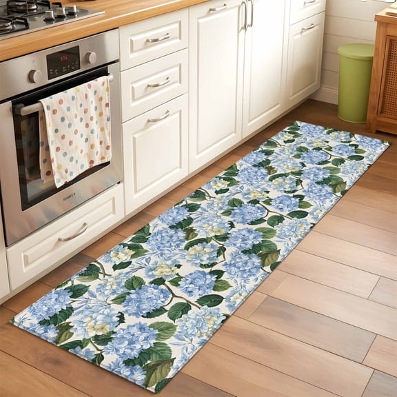 Blue Hydrangea 2x6 Runner Rug for Hallway Walkway Kitchen Galley, Floral Country Farmhouse Watercolor Low Pile Washable Non Slip Long Area Rug