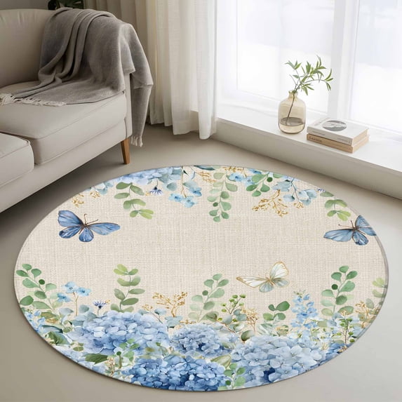 Blue Hydrangea 3.3' Round Rug for Bedroom Reading Corner, Rustic Summer ...