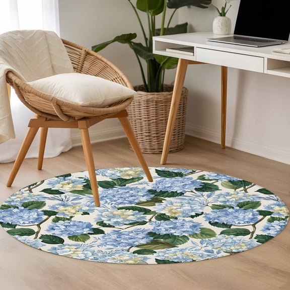 Blue Hydrangea 3.3ft Round Rug for Bedroom Reading Corner, Floral Country Farmhouse Watercolor Washable Non Slip Circle Area Rug