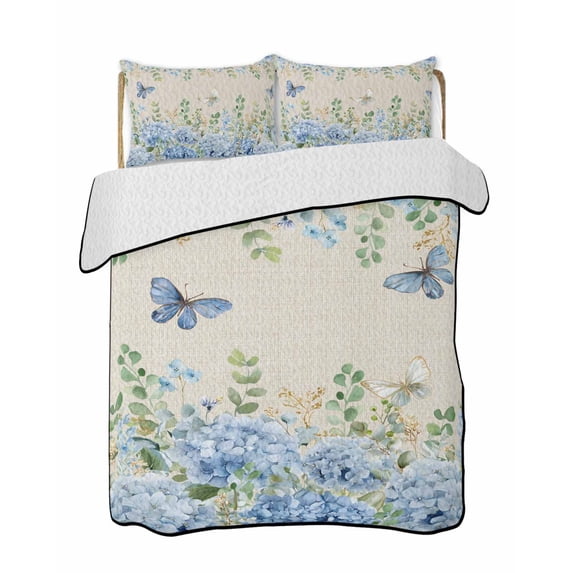 Blue Hydrangea 3 Piece Quilt Bedding Set with 2 Pillow Shams, Rustic ...