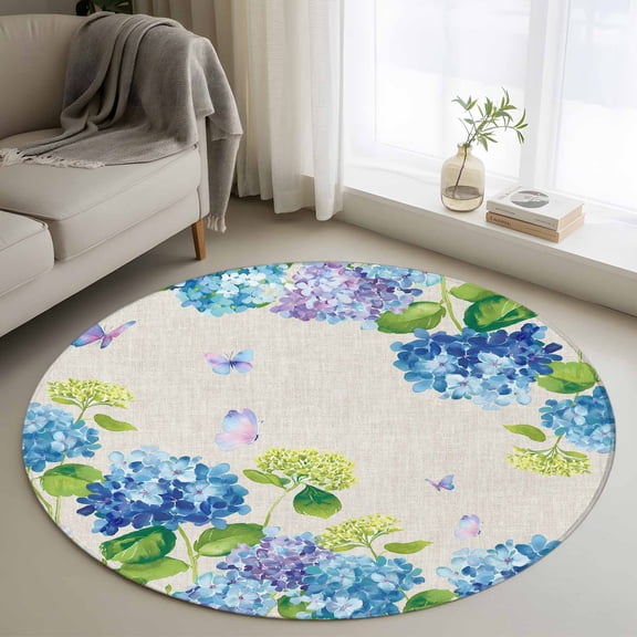 Blue Hydrangea 3ft Area Rug, Linen Texture Butterfly Spring Floral Washable Non-Slip Small Round Rugs for Entryway Bedroom Kitchen, Soft Circle Carpet for Dining Room, Playroom Nursery Rug
