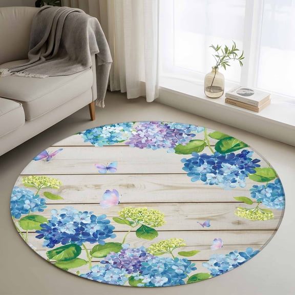 Blue Hydrangea 3ft Area Rug, Rustic Wooden Butterfly Spring Floral Washable Non-Slip Small Round Rugs for Entryway Bedroom Kitchen, Soft Circle Carpet for Dining Room, Playroom Nursery Rug