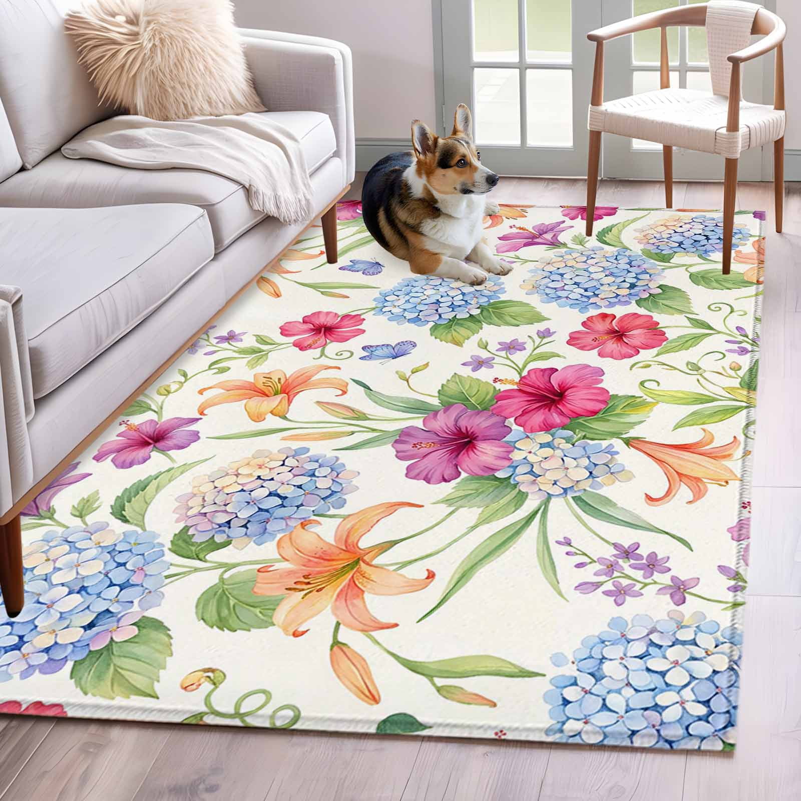 Blue Hydrangea 3x5 Area Rugs for Living Room, Orange Lily Red Purple ...