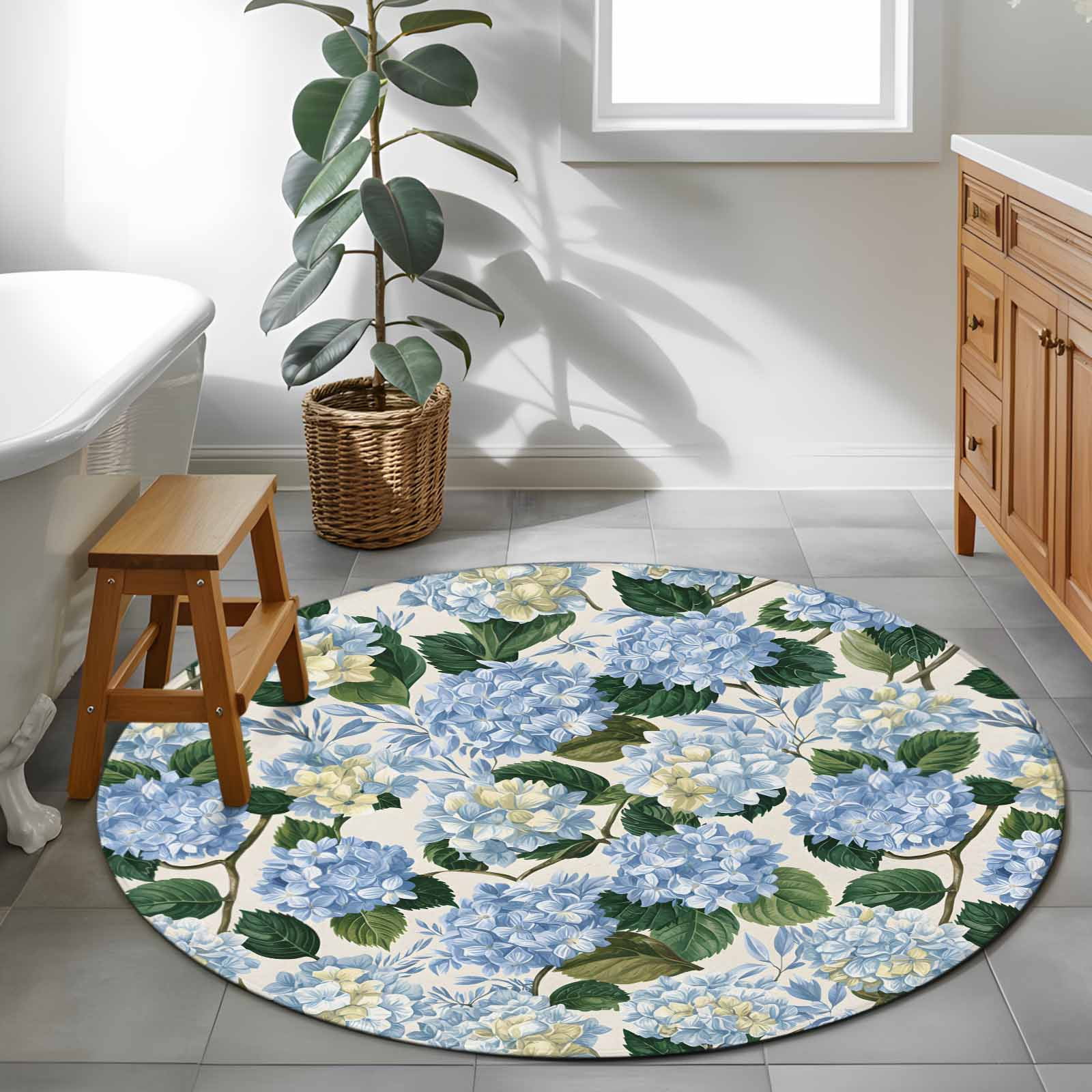 Blue Hydrangea 4ft Round Rug for Cozy Reading Nook Home Office Chair ...